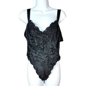 Victoria's Secret Velvet Teddy Black Large Beads Thong Bodysuit Gold Label VTG
